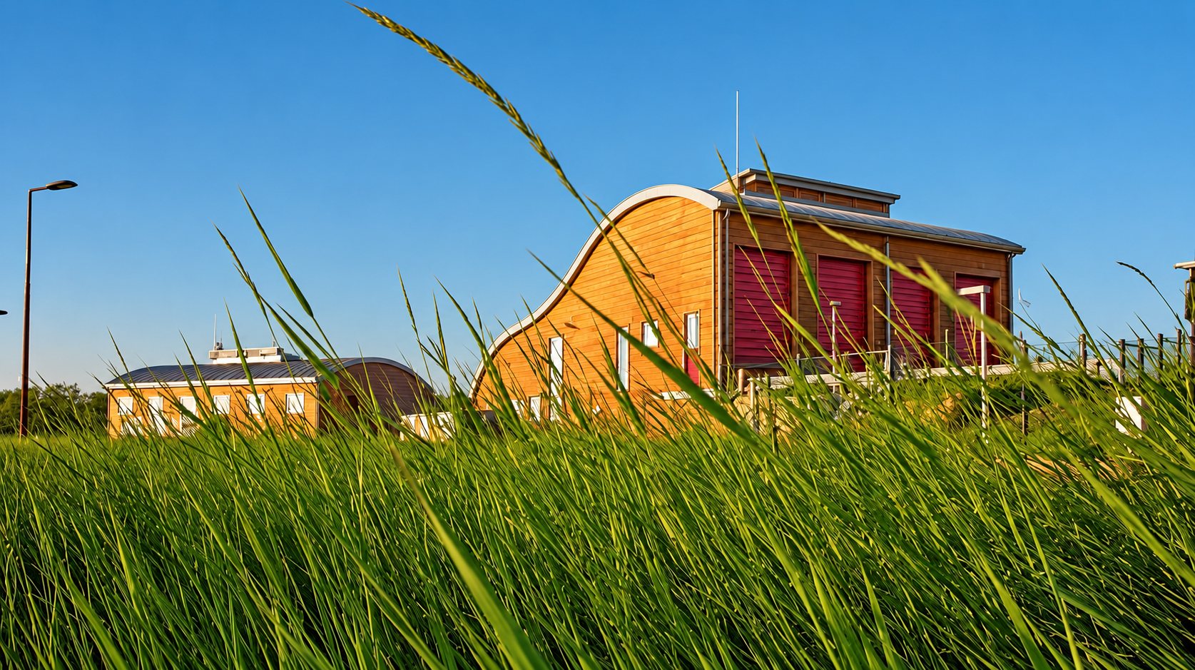 Un bâtiment moderne en bois au toit arrondi et aux volets rouges se dresse sous un ciel bleu, vu à travers de hautes herbes au premier plan.