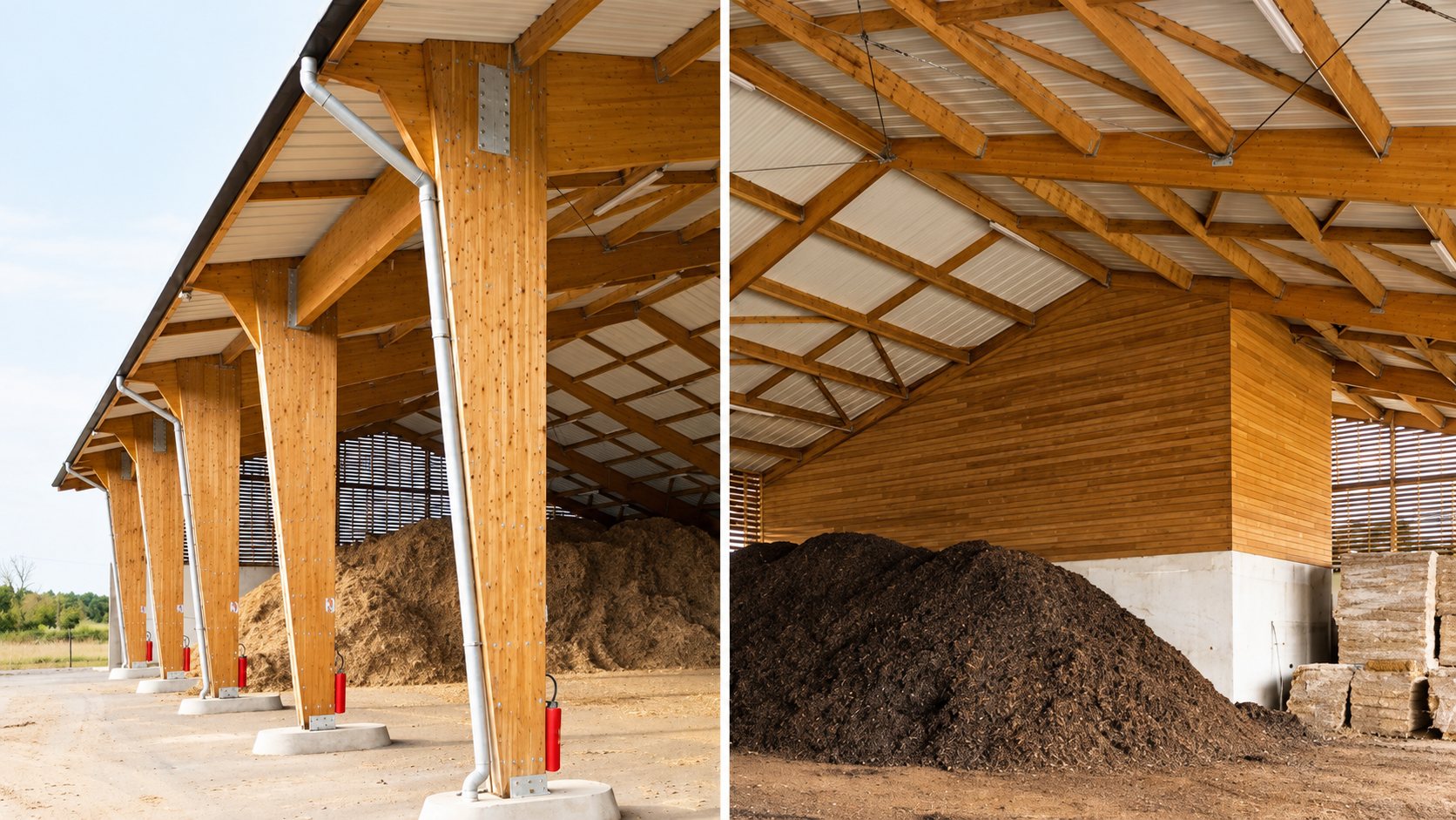 Deux vues d’un grand hangar à charpente en bois lamellé-collé abritant des tas de compost et de matière organique, avec des extincteurs rouges près des poteaux.
