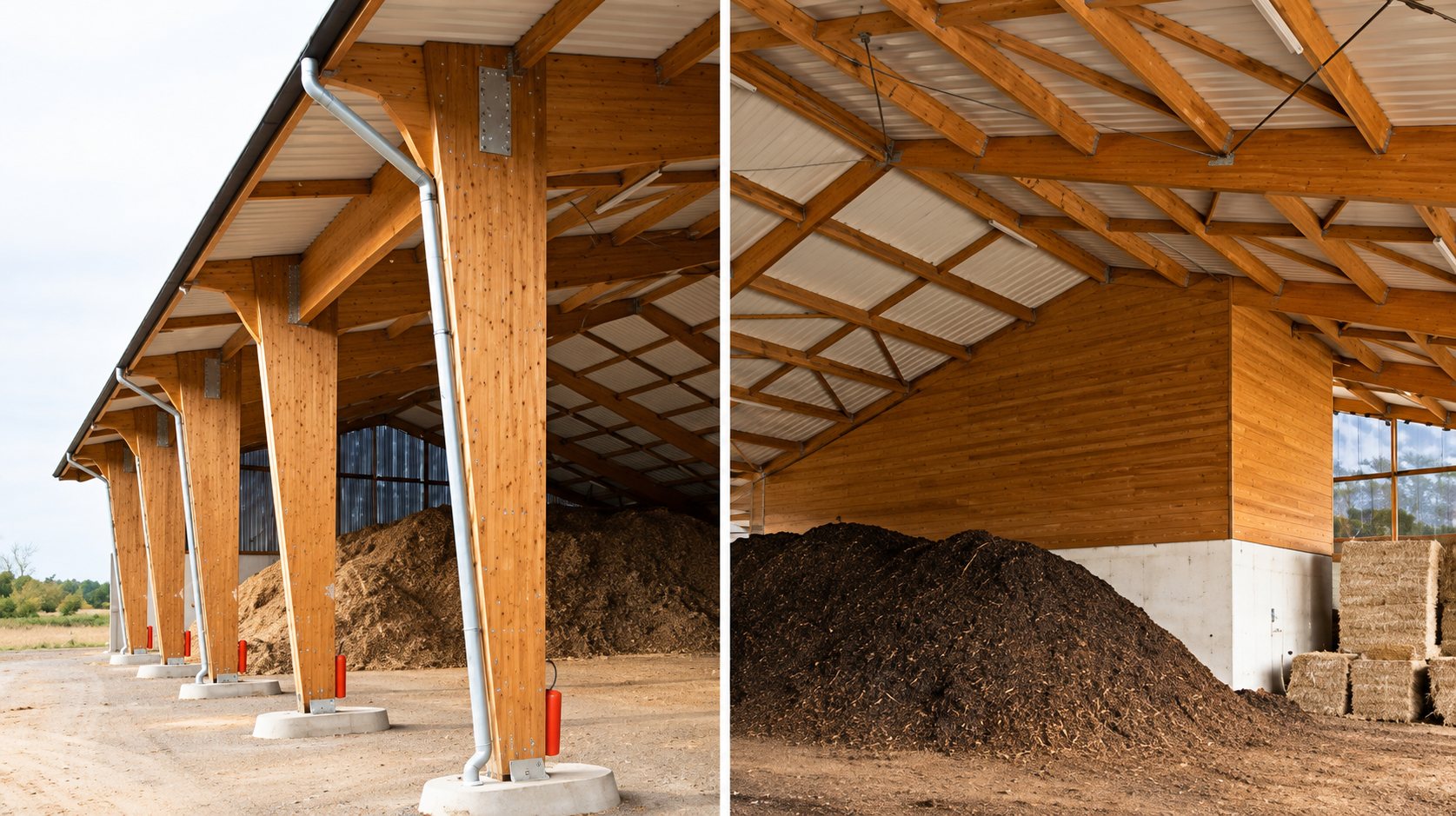 Deux vues d’un grand hangar agricole à charpente en bois, avec de gros poteaux et un tas de compost ou de terre stocké à l’intérieur.