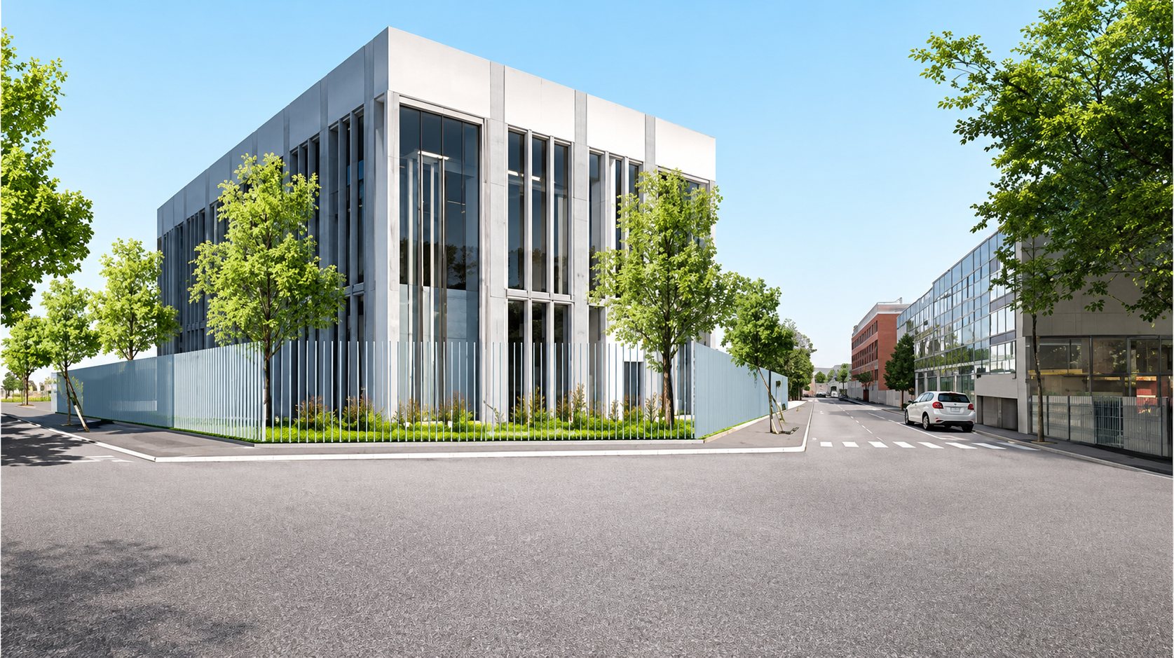 Image de synthèse d’un immeuble moderne à façade blanche et grise entouré d’arbres, au coin d’une rue avec une voiture garée.