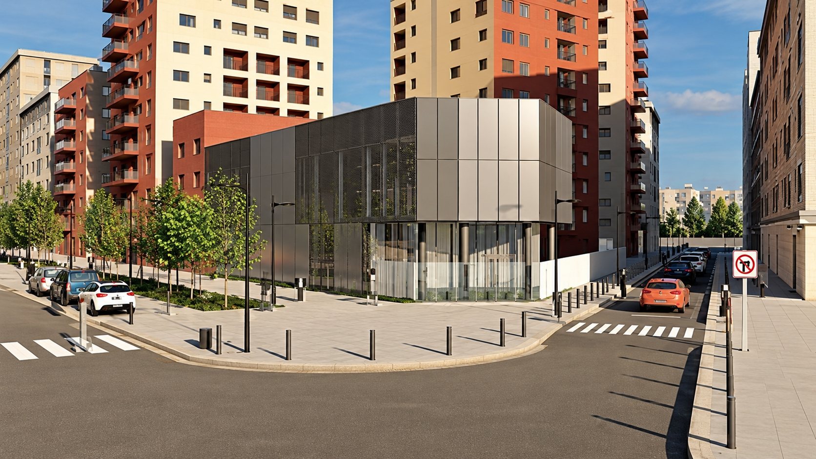 Image de synthèse d’un bâtiment moderne à façade métallique grise, entouré d’immeubles résidentiels, d’arbres et d’une rue avec passage piéton.