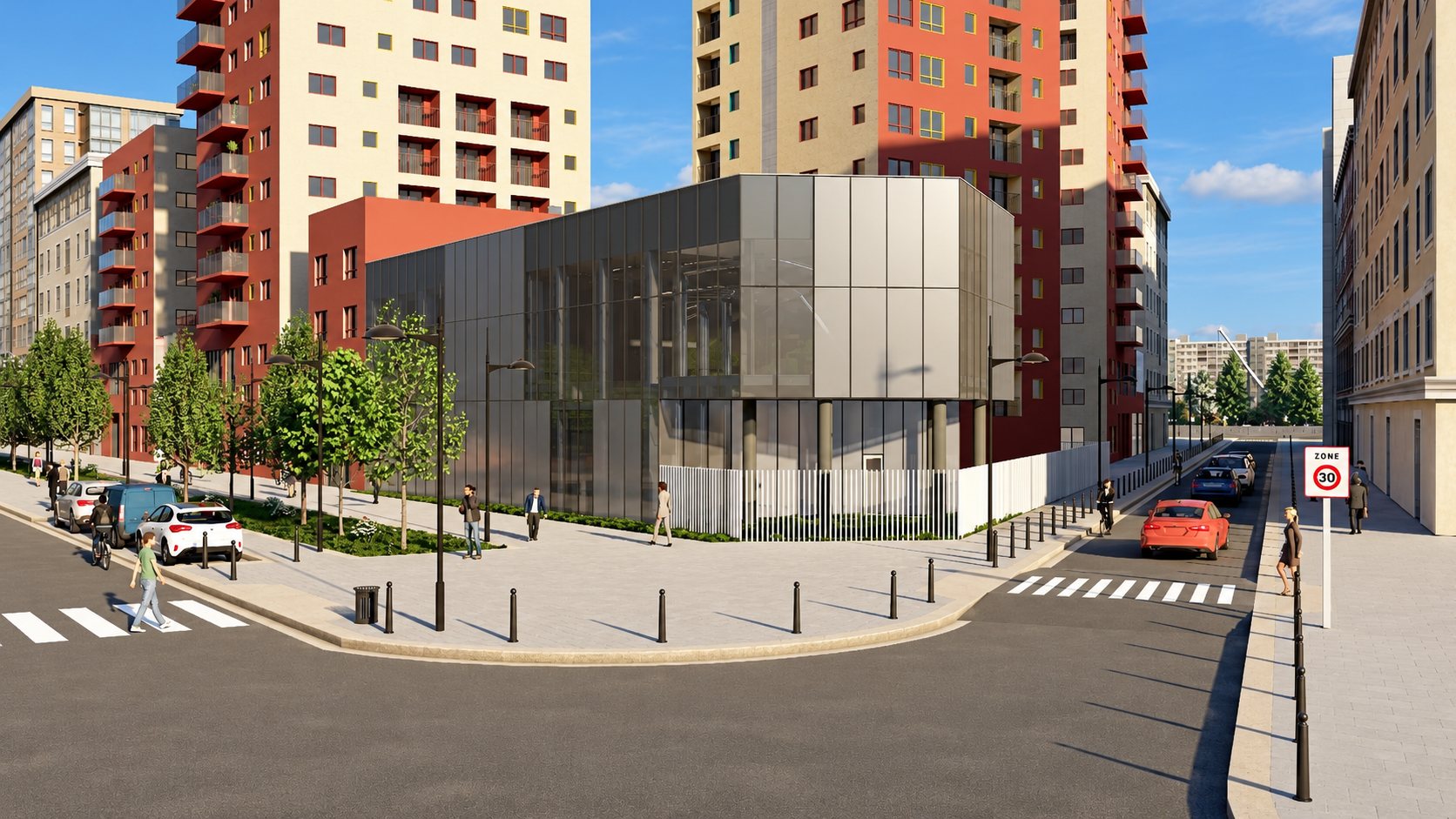 Image de synthèse de l’extension de la centrale géothermique d’Ivry-sur-Seine, façade vitrée à un carrefour.