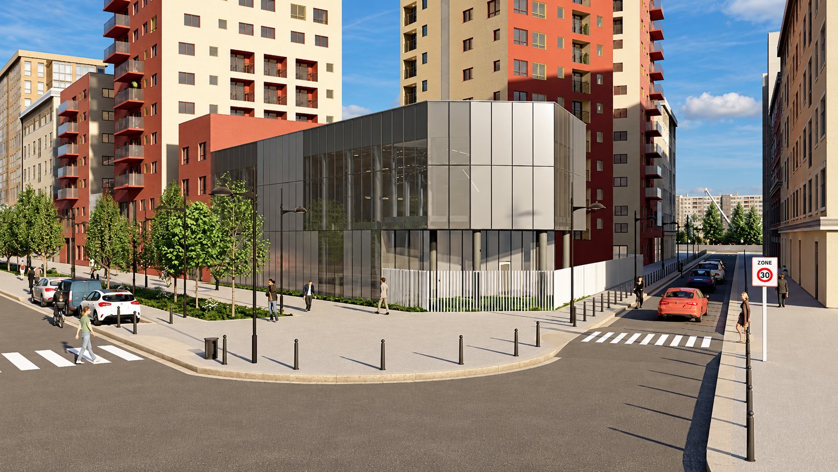Image de synthèse d’un bâtiment moderne à façade vitrée grise, situé à un carrefour entouré d’immeubles d’habitation et d’un panneau de zone 30.