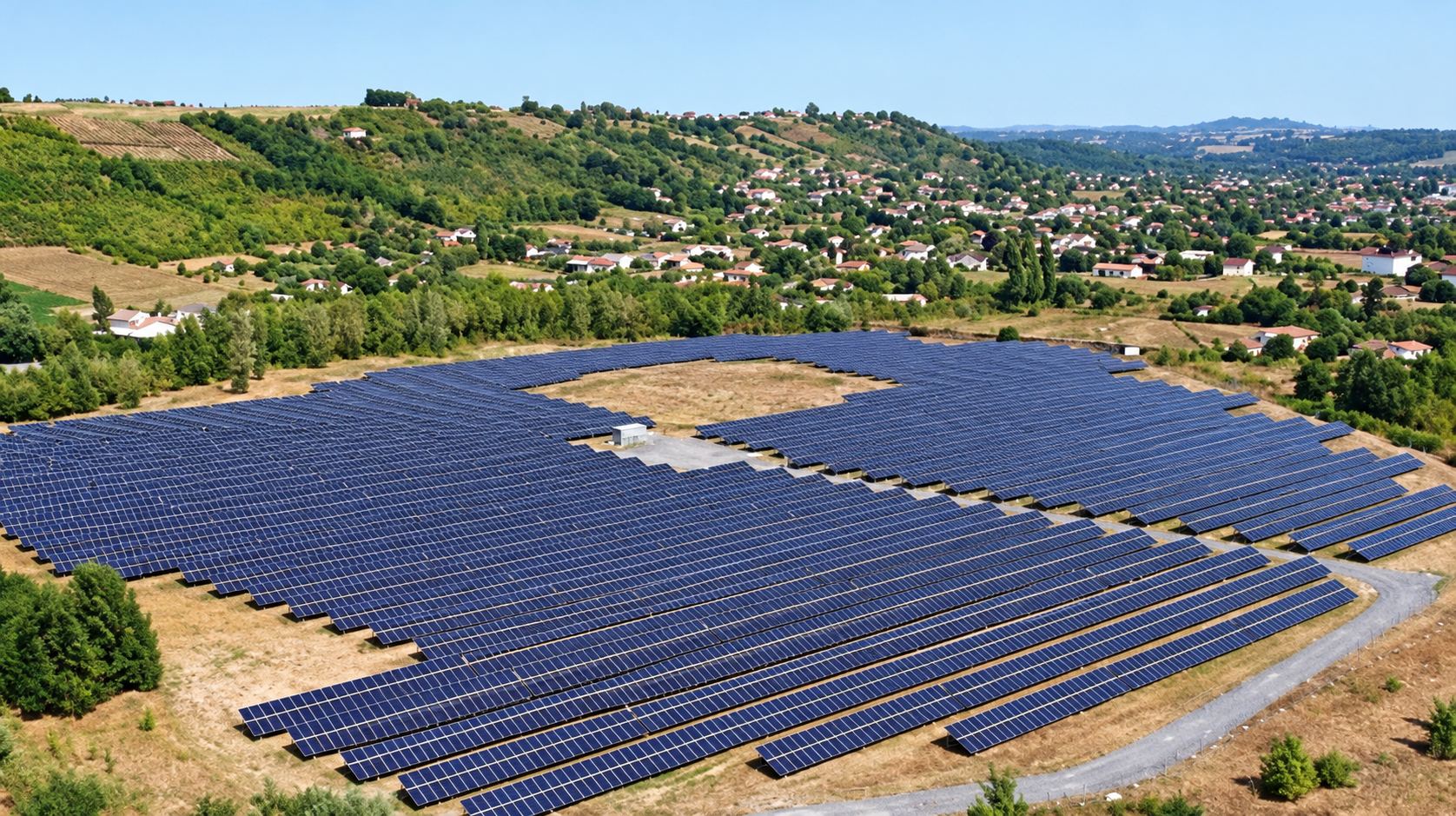 Vue aérienne d’une grande centrale photovoltaïque installée sur une colline verte, avec un village et des collines en arrière-plan.